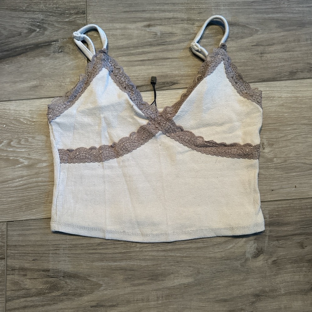 Garage White and Gray Lace Trim Tank Top